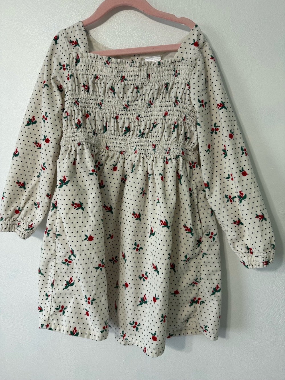 Hanna Andersson Holly Christmas Holiday Cream Dress smocked cotton